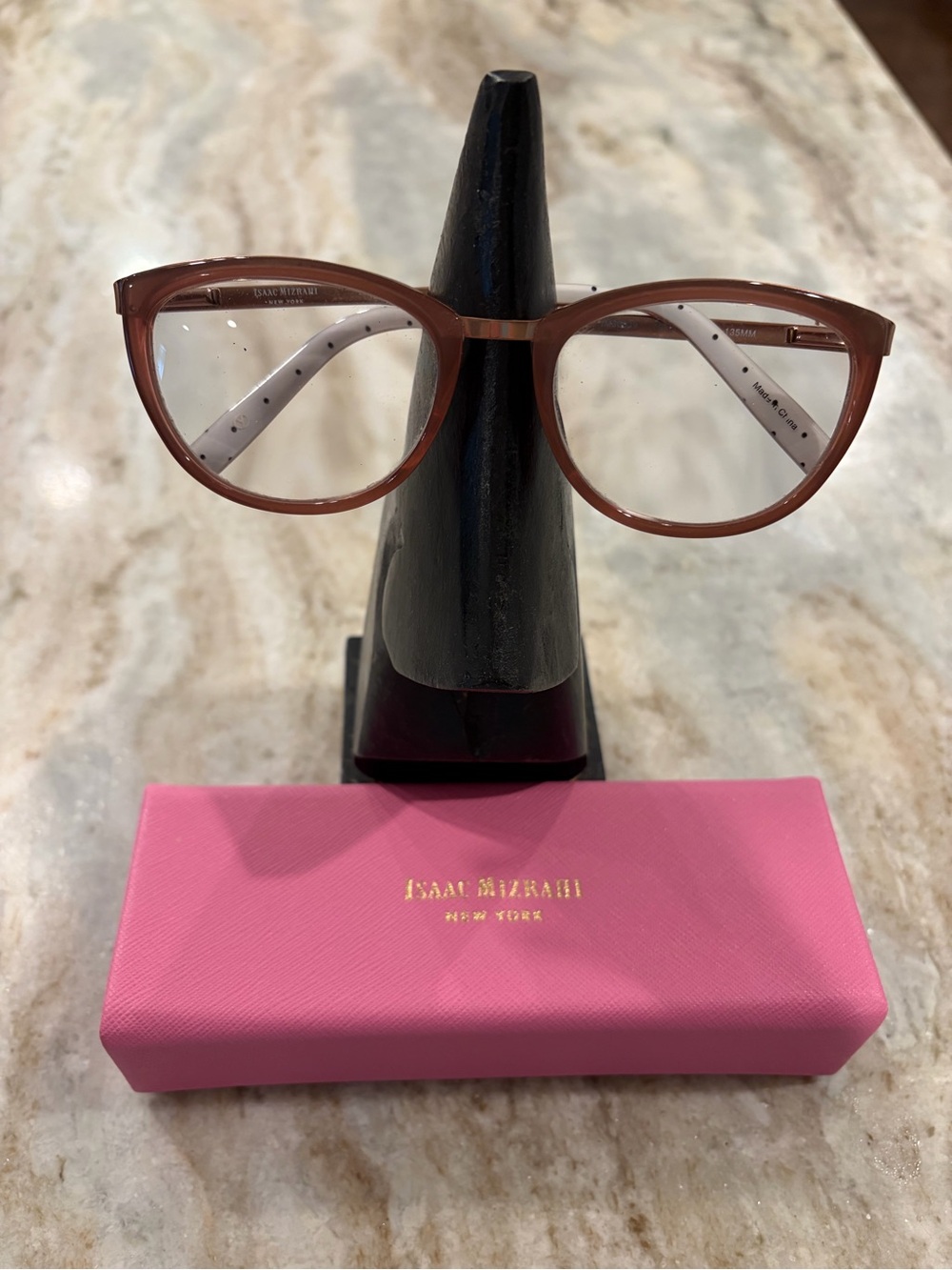 Isaac Mizrahi Translucent Brown Cat-Eye Glasses with Rose Gold Arms with Case